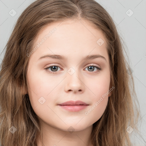 Joyful white child female with long  brown hair and grey eyes