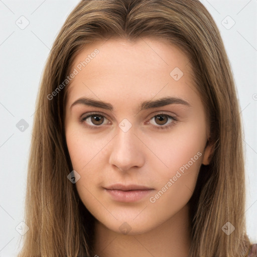 Neutral white young-adult female with long  brown hair and brown eyes