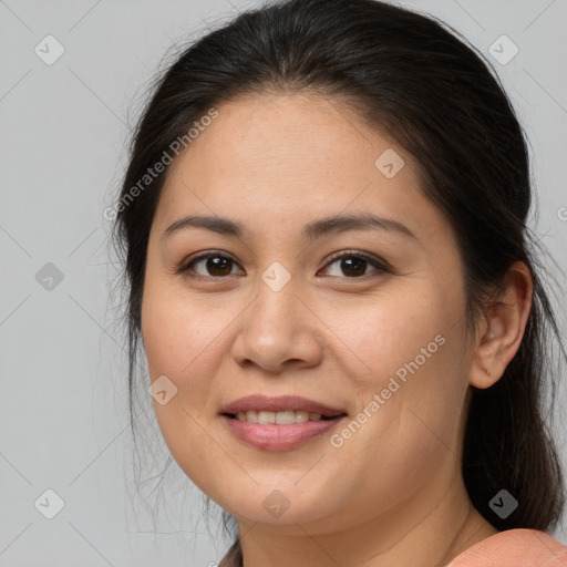 Joyful white young-adult female with long  brown hair and brown eyes