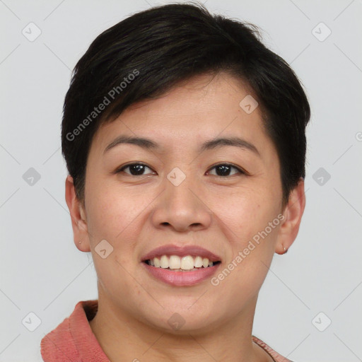 Joyful white young-adult female with short  brown hair and brown eyes