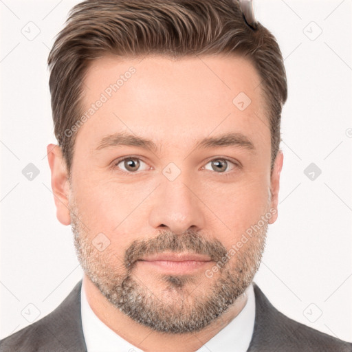 Neutral white adult male with short  brown hair and brown eyes