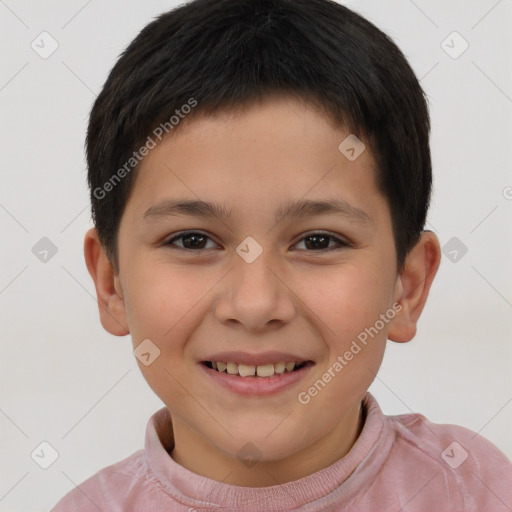 Joyful white child female with short  brown hair and brown eyes