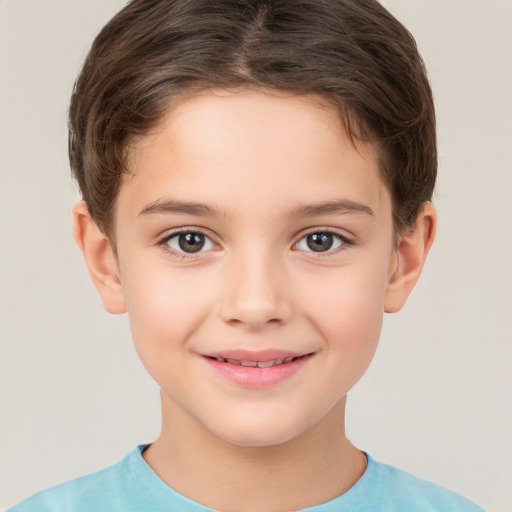 Joyful white child female with short  brown hair and brown eyes