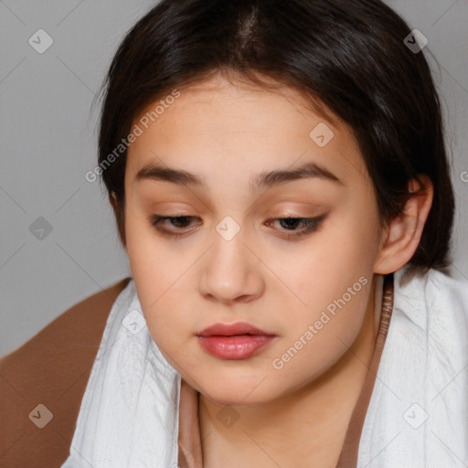 Neutral white young-adult female with medium  brown hair and brown eyes