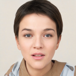 Neutral white young-adult female with short  brown hair and brown eyes