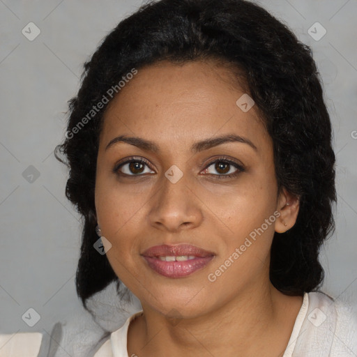 Joyful black young-adult female with medium  black hair and brown eyes