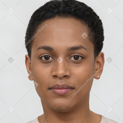 Neutral black young-adult female with short  brown hair and brown eyes