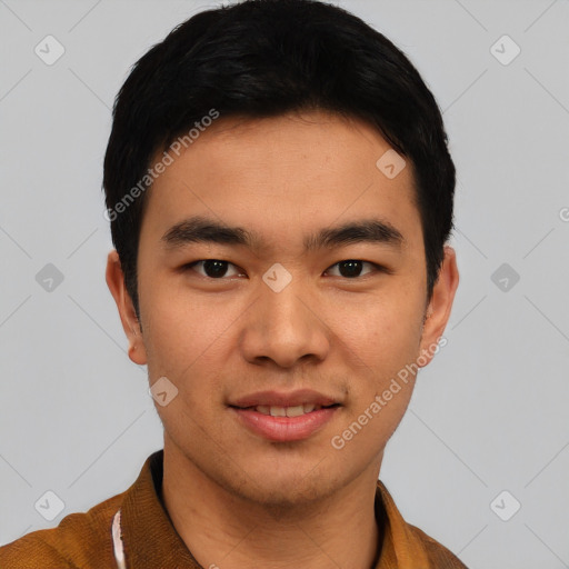 Joyful asian young-adult male with short  black hair and brown eyes