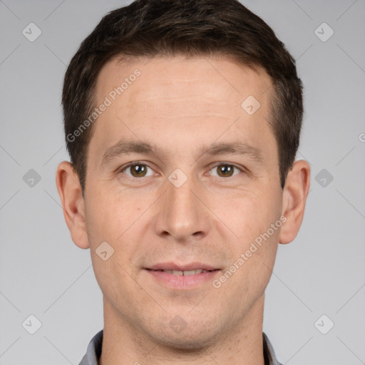 Joyful white young-adult male with short  brown hair and brown eyes