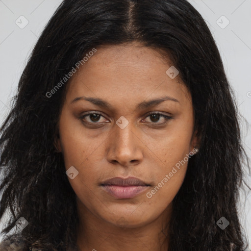 Joyful asian young-adult female with long  brown hair and brown eyes