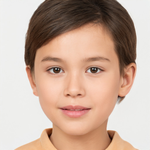 Joyful white child female with short  brown hair and brown eyes