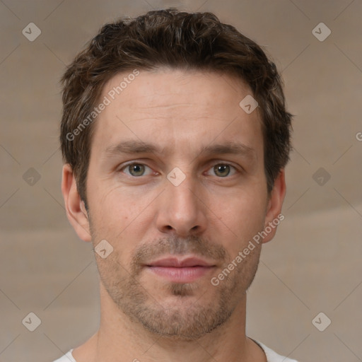 Neutral white adult male with short  brown hair and brown eyes