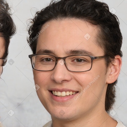 Joyful white young-adult male with medium  brown hair and brown eyes