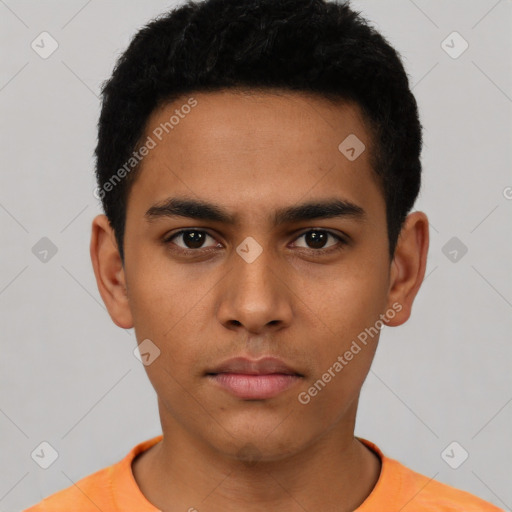 Neutral latino young-adult male with short  black hair and brown eyes