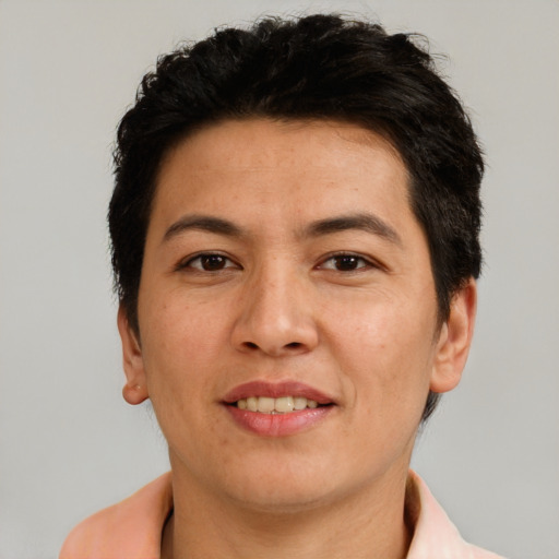 Joyful asian adult female with short  brown hair and brown eyes
