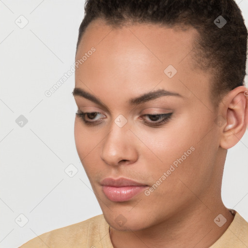 Neutral white young-adult female with short  brown hair and brown eyes