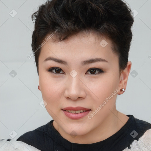 Joyful asian young-adult female with short  brown hair and brown eyes