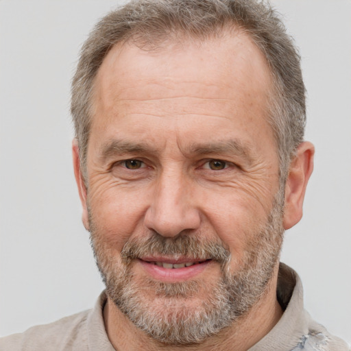 Joyful white middle-aged male with short  brown hair and brown eyes