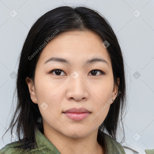 Neutral asian young-adult female with medium  brown hair and brown eyes