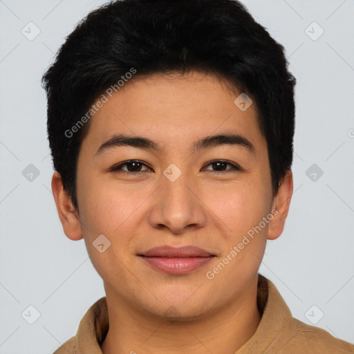 Joyful asian young-adult male with short  brown hair and brown eyes