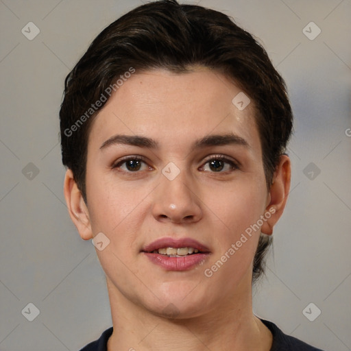 Joyful white young-adult female with short  brown hair and brown eyes