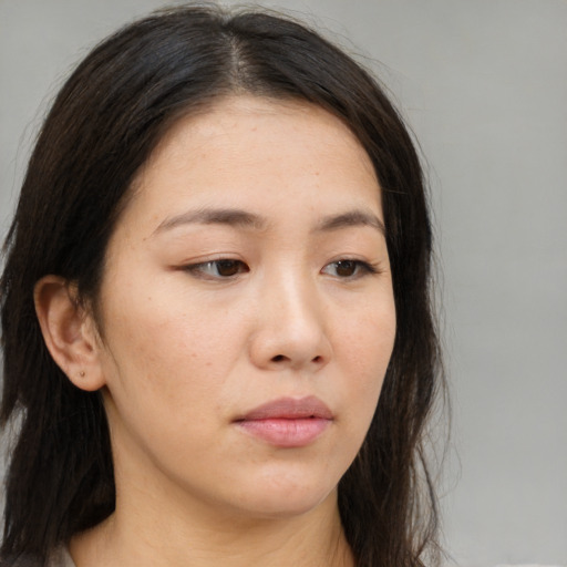 Neutral asian young-adult female with long  brown hair and brown eyes