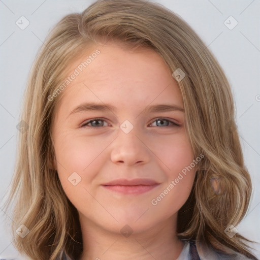 Joyful white child female with medium  brown hair and brown eyes