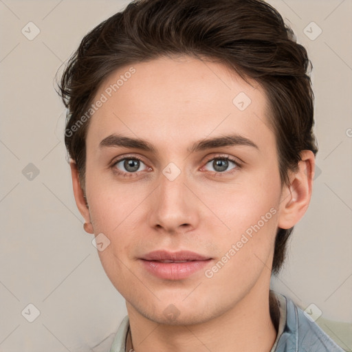 Neutral white young-adult male with short  brown hair and brown eyes