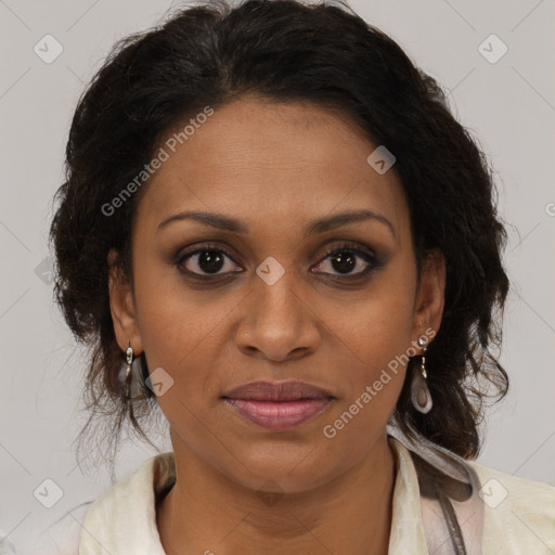 Joyful black young-adult female with medium  brown hair and brown eyes