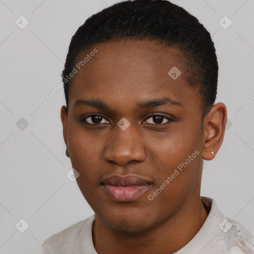 Neutral black young-adult female with short  black hair and brown eyes