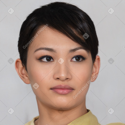 Neutral asian young-adult female with short  black hair and brown eyes