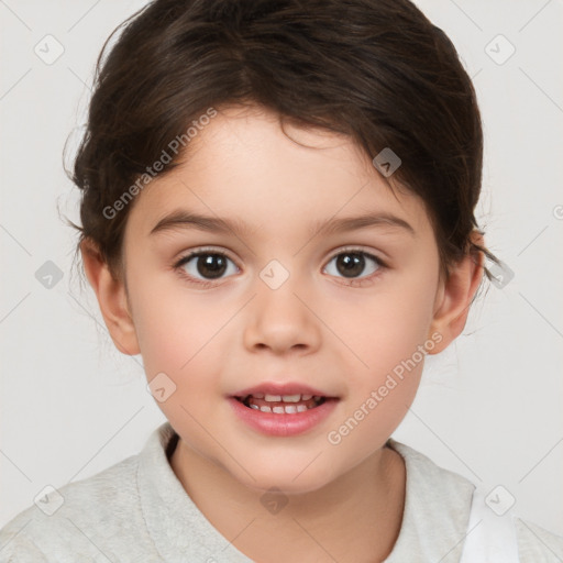 Joyful white child female with medium  brown hair and brown eyes