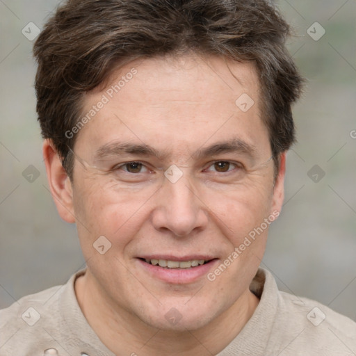 Joyful white adult male with short  brown hair and grey eyes