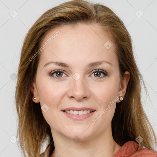 Joyful white young-adult female with medium  brown hair and blue eyes