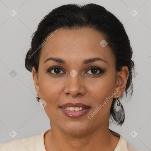 Joyful latino young-adult female with short  brown hair and brown eyes