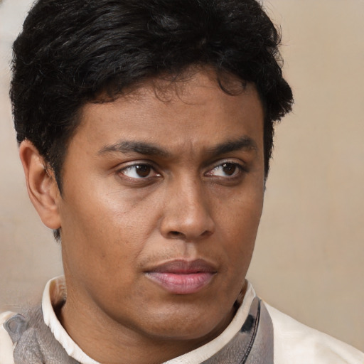 Neutral latino young-adult male with short  brown hair and brown eyes