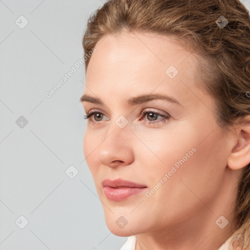 Neutral white young-adult female with medium  brown hair and brown eyes