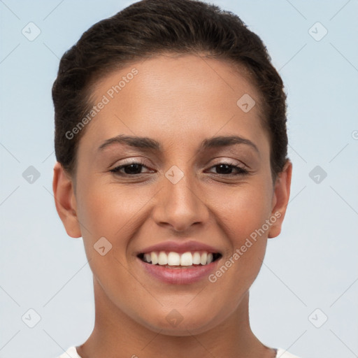 Joyful white young-adult female with short  brown hair and brown eyes