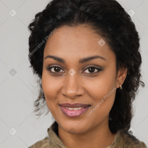 Joyful black young-adult female with medium  brown hair and brown eyes