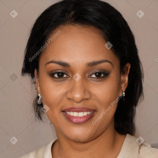 Joyful black young-adult female with medium  brown hair and brown eyes