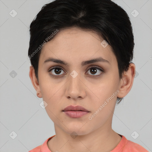 Neutral white young-adult female with short  brown hair and brown eyes