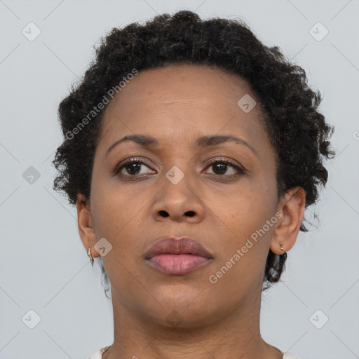 Neutral black adult female with short  brown hair and brown eyes