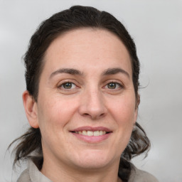 Joyful white adult female with medium  brown hair and grey eyes