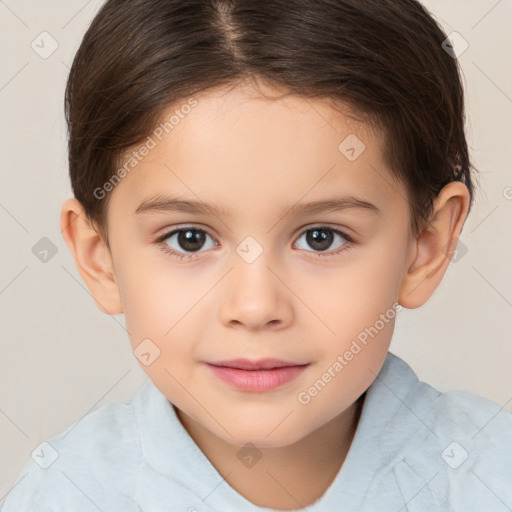 Joyful white child female with short  brown hair and brown eyes