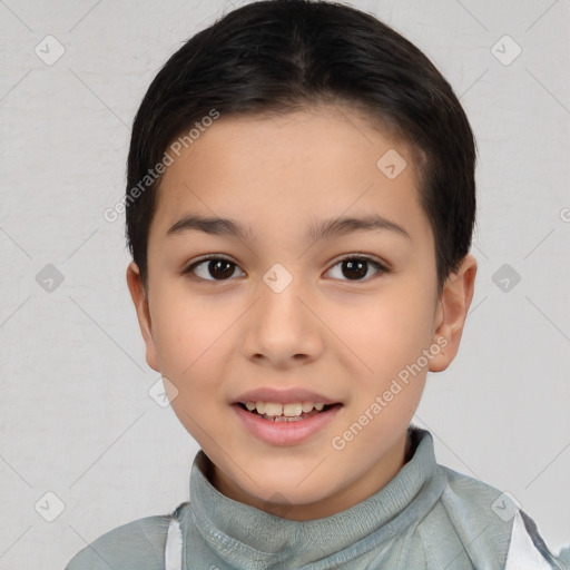 Joyful white child female with short  brown hair and brown eyes