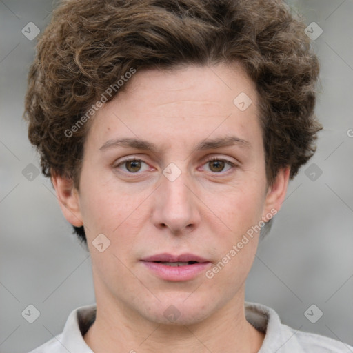 Joyful white adult female with short  brown hair and grey eyes