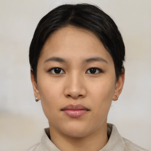Neutral asian young-adult female with short  black hair and brown eyes