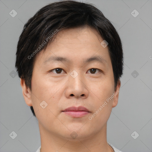 Neutral asian young-adult male with short  brown hair and brown eyes