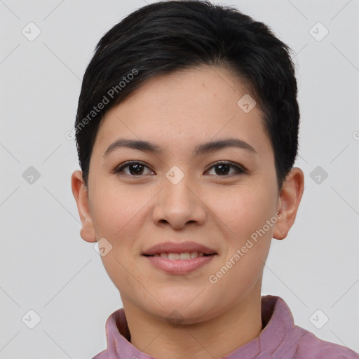 Joyful asian young-adult female with short  brown hair and brown eyes