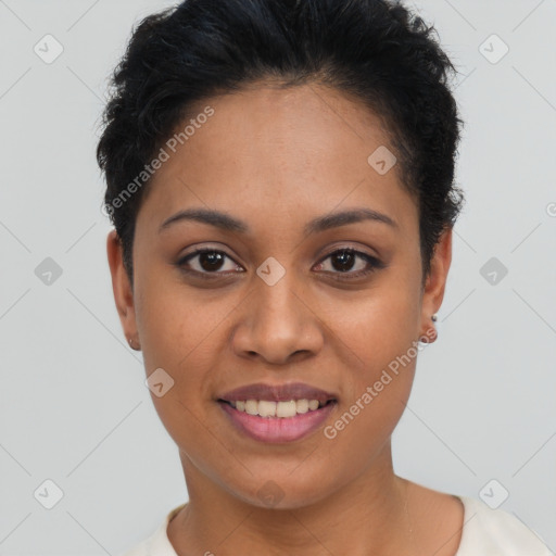 Joyful latino young-adult female with short  black hair and brown eyes